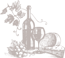 Illustrazione di bottiglia di vino, calice e grappolo d'uva – degustazione vini del Piemonte